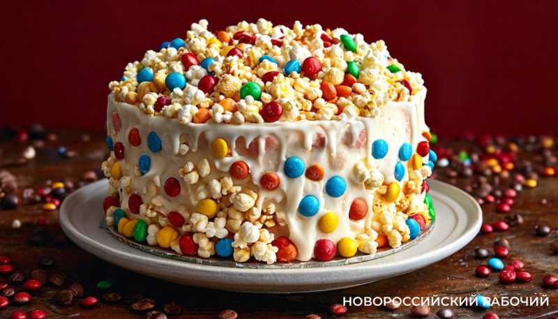 Торт с попкорном, маршмеллоу и M&Ms.