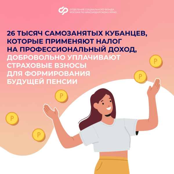 В Отделении Социального фонда России по Краснодарскому краю добровольно формируют будущую пенсию 26 тысяч самозанятых граждан, применяющих налог на профессиональный доход