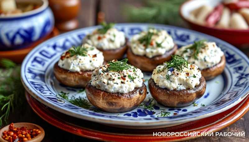 Запеченные шампиньоны с творожным сыром.