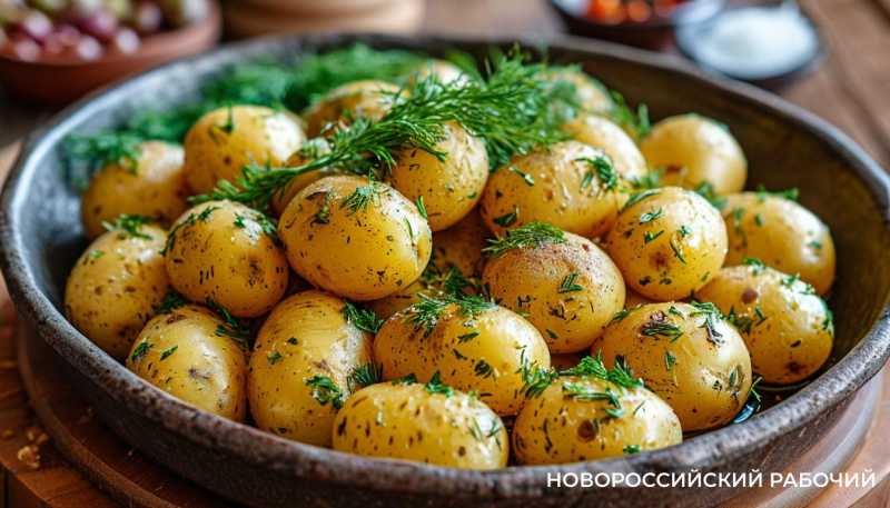 Молодая картошка в кожуре на сковороде с чесноком