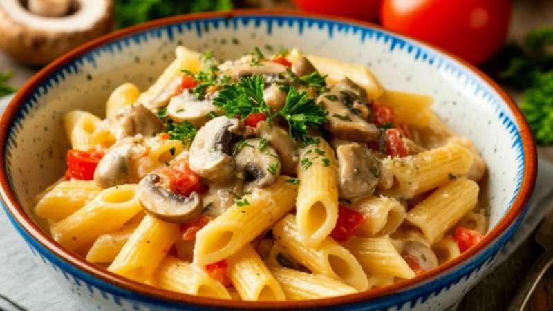 Макароны с грибами и помидорами в сметанном соусе