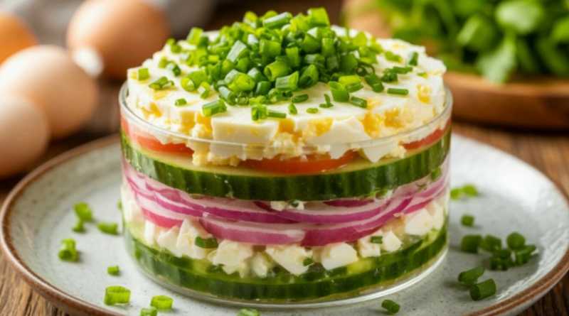 Слоёный салат из редиски, сыра и яиц