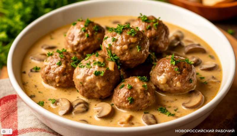 Сочные шарики из фарша в сливочно-грибном соусе