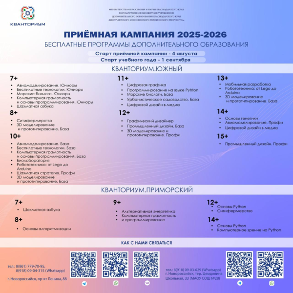 В Новороссийске с 04 августа стартует приём заявок в детский технопарк «Кванториум»
