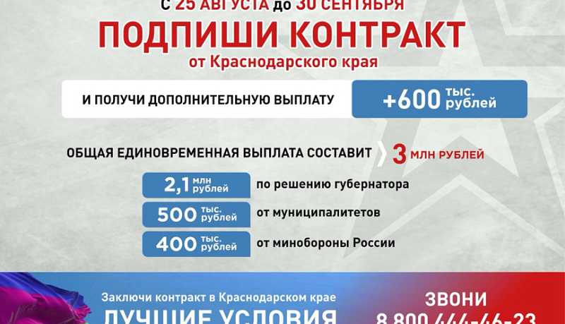 3 млн рублей получат заключившие контракт от Краснодарского края с 25 августа до 30 сентября 2025 года