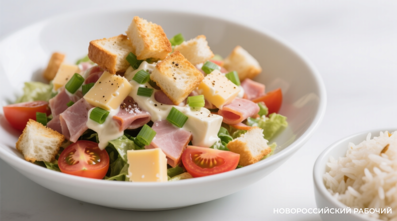 Салат с копчёным сыром, ветчиной и…хлебом