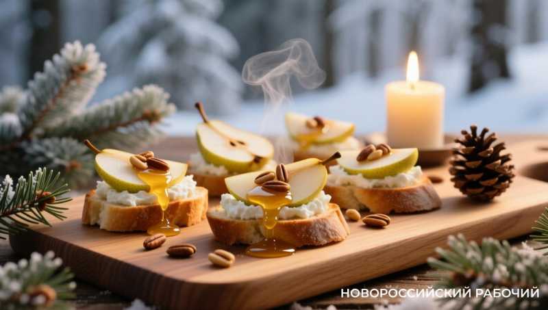 Мини-брускетты с творожным сыром, грушей, мёдом и кедровыми орешками