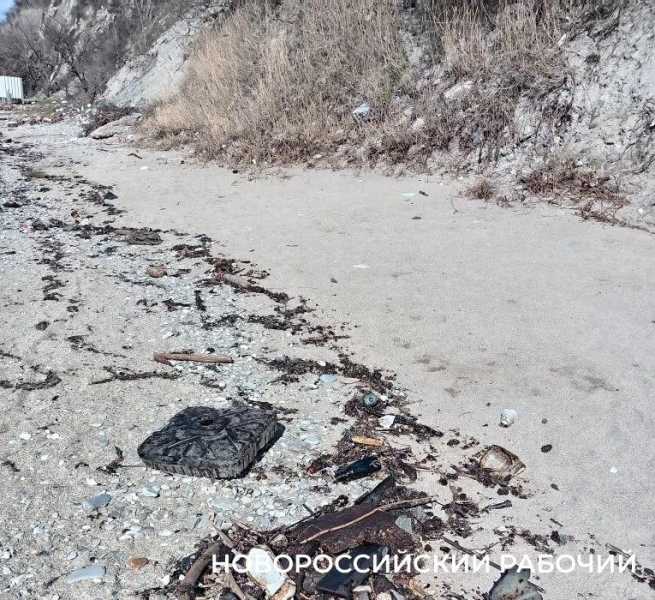 На берегу моря в Новороссийске лежит мазут и маслянистая пленка