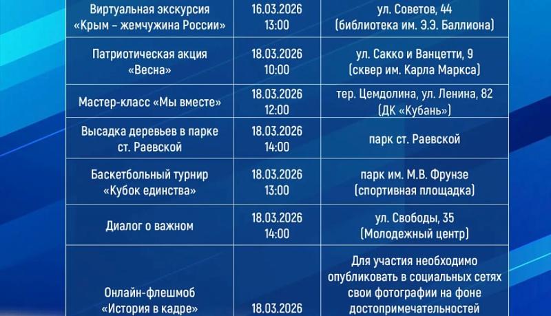 В честь 12-й годовщины воссоединения Крыма с Россией в городе-герое Новороссийске пройдут тематические акции, культурно-просветительские и спортивные мероприятия