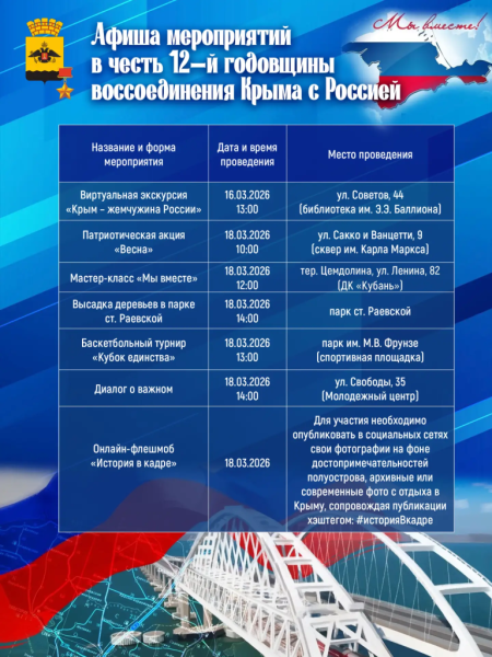 В честь 12-й годовщины воссоединения Крыма с Россией в городе-герое Новороссийске пройдут тематические акции, культурно-просветительские и спортивные мероприятия