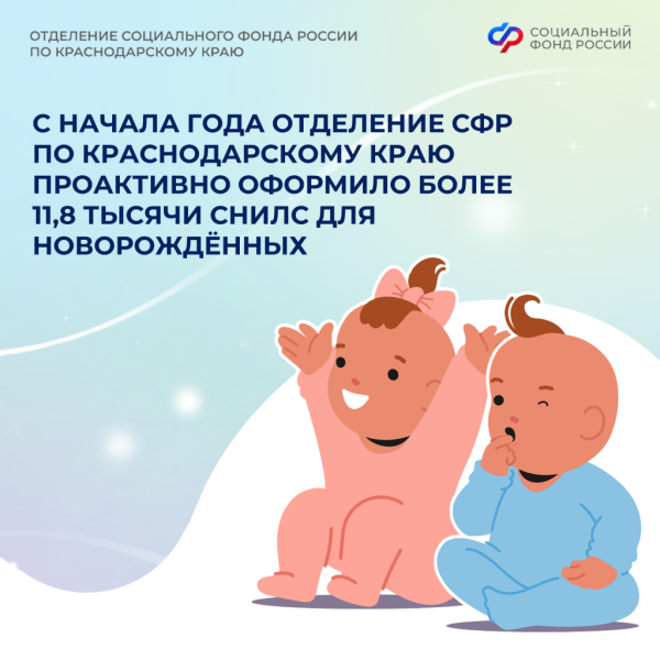 С начала года Отделение Социального фонда России по Краснодарскому краю проактивно оформило более 11,8 тысячи СНИЛС для новорождённых