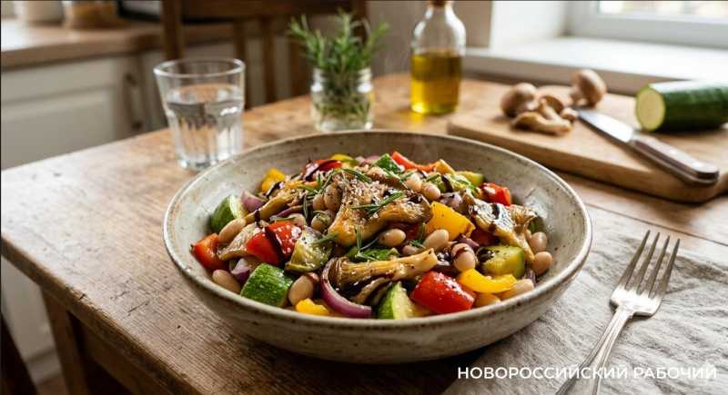 Теплый салат с вешками и молодыми кабачками