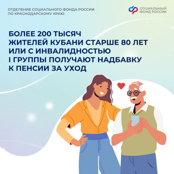 Более 200 тысяч жителей Кубани старше 80 лет или с инвалидностью I группы получают надбавку к пенсии за уход