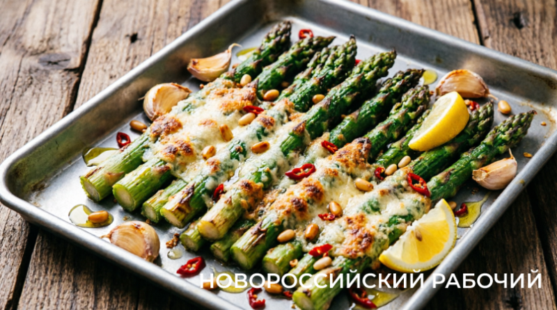 Хрустящая спаржа с чесночным маслом, пармезаном и лимоном