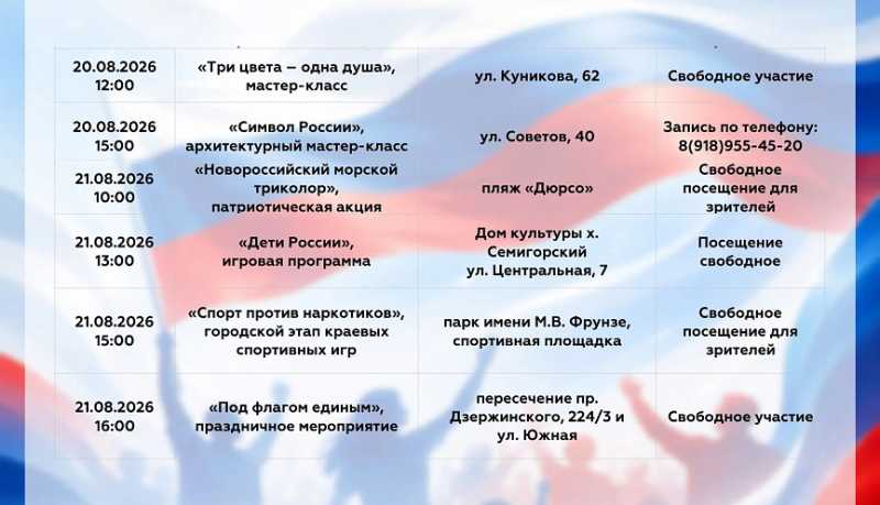 День Государственного флага России город-герой Новороссийск отметит яркими тематическими, культурными и спортивными событиями