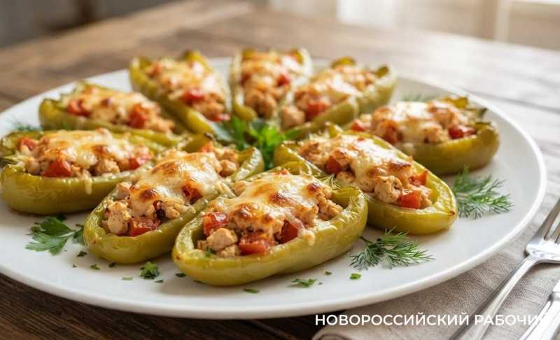 Запеченные перцы &laquo;лодочки&raquo; с куриным филе, томатами и сыром