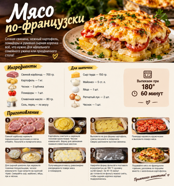 Мясо по-французски: сочная свинина под сырной шапочкой